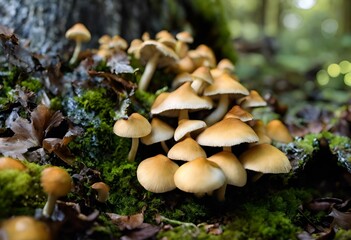 AI generated illustration of Small mushrooms amid a grassy field