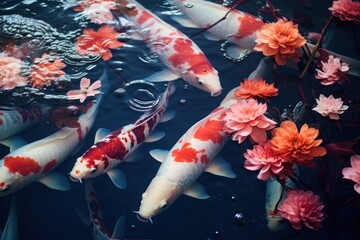  a group of koi fish swimming in a pond surrounded by water lilies and red and white chrys.