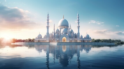 Large white mosque on a calm body of water.