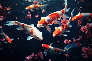  a group of orange and white koi fish swimming in a pond of water with pink flowers in the background. - obrazy, fototapety, plakaty