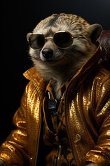  a raccoon in a gold jacket and sunglasses sitting in a leather chair wearing a gold jacket and sunglasses.