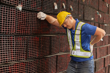 Male worker suffer from back pain from heavy steel factory work