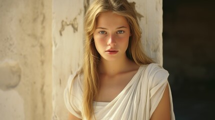 Naklejka premium Photorealistic Teen White Woman with Blond Straight Hair retro Illustration. Portrait of a person in ancient aesthetics. Historic movie style Ai Generated Horizontal Illustration.