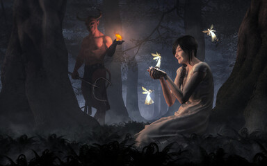 In a dark fantasy forest, a woman in a nightgown plays with small glowing fairies. Yet, in the background, the devil watches on. 3D Rendering.