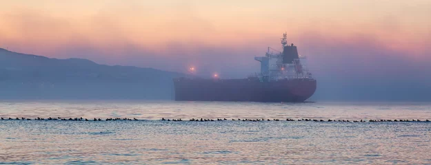 Foto op Plexiglas Container Ship in Burrard Inlet during foggy sunset. Vancouver © edb3_16