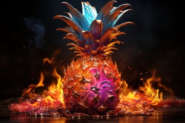  a brightly colored pineapple sitting on top of a pile of flaming flamingos in the middle of a fire.