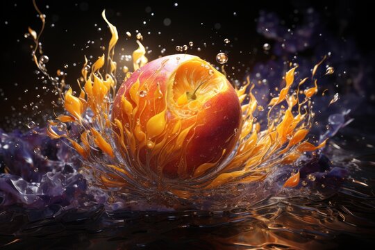  a close up of an apple in water with a splash of water on the top and bottom of the apple.