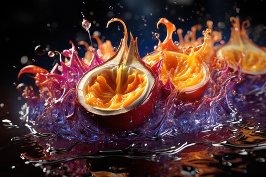  a close up of a fruit on a table with water splashing on the fruit and the inside of the fruit.