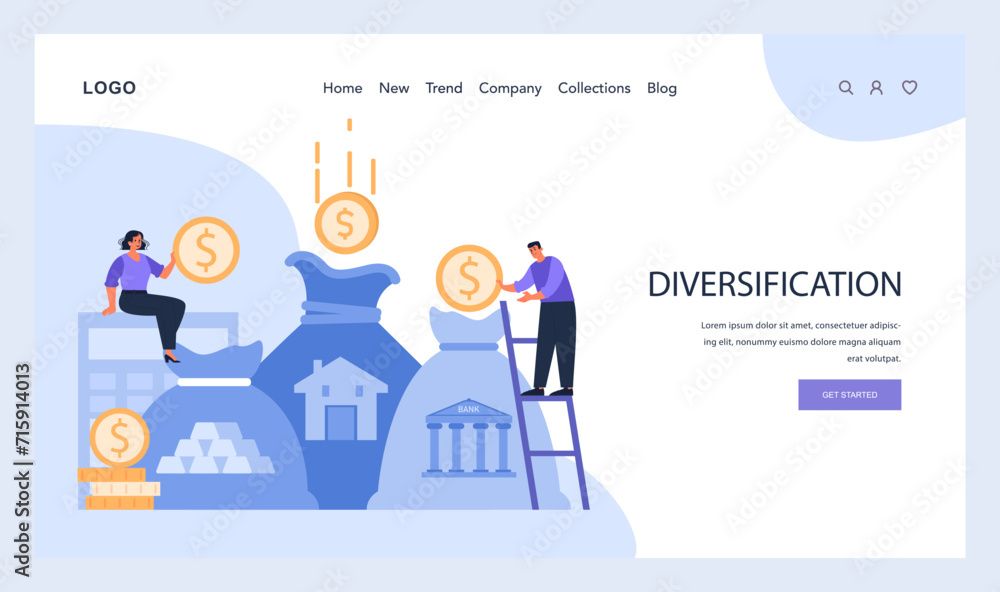 Poster investment strategy web or landing. visual representation of diversification as a key to risk manage