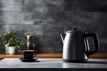  a black coffee pot sitting on top of a counter next to a cup of coffee and a potted plant.