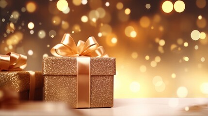 Obraz premium Closeup of Special gifts boxes with bokeh background for holidays. Copyspace for text.