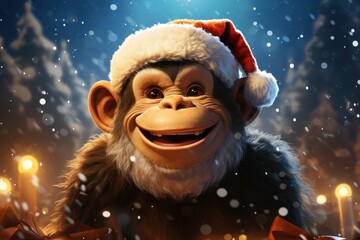  a monkey wearing a santa claus hat in a snowy christmas scene with candles and a christmas tree in the background.