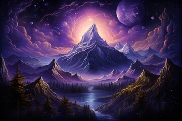  a painting of a mountain with a lake in the foreground and a full moon in the sky above it.