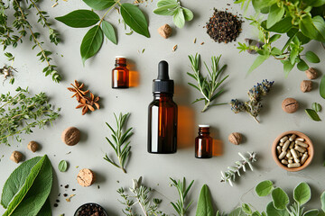 Alternative medicine. Endobiogenics, new look at medicine, essential oil with herbs, top view