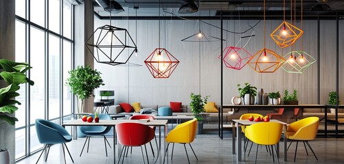 Wireframe pendants in bold colors, enhancing a modern Scandinavian office