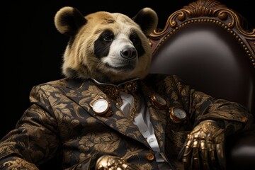  a bear dressed in a suit and tie sitting in a chair with his hands on the back of the chair.