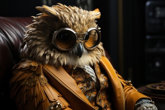  a close up of a stuffed animal wearing a leather jacket and goggles with a leather jacket and a leather chair in the background.
