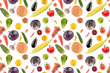 Collection fruits and vegetables isolated on white. Large seamless pattern.