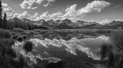 A panoramic landscape capturing an unbiased view of nature's diversity. Black and white