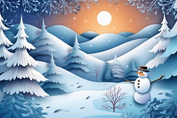  a snowman is standing in the middle of a snowy landscape with trees and a full moon in the background.