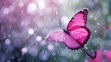 Pink butterfly umbrella with enchanting rain splash. -