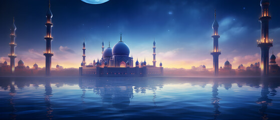 Ramadan Kareem religious background with mosque silhouette
