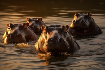 Serene hippos enjoying the mesmerizing sunset in the african savannahs warm golden glow