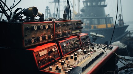  a close up of a control panel on a boat in a body of water with a tug boat in the background. - obrazy, fototapety, plakaty