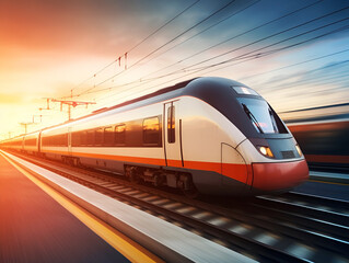 Naklejka premium High speed train in motion on the railway station at sunset. Fast moving modern passenger train on railway platform. Railroad with motion blur effect. Commercial transportation.