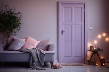  a living room with a purple door and a couch with a blanket on it and a potted plant next to it.