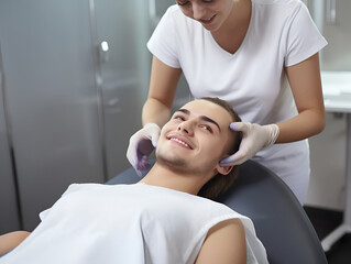 Obraz na płótnie Canvas Young man visiting female beautician in hair transplantation con