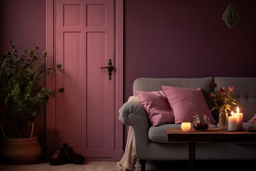  a living room with a couch, coffee table, candles and a potted plant in front of a pink door.