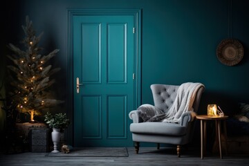  a living room with a green door and a chair with a blanket on it and a christmas tree in the corner.