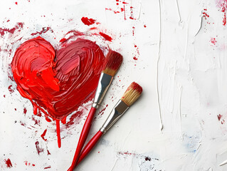 couple of paint brushes sitting on top of a heart shaped piece of art paint on top of a white wall next to a paintbrush and a red heart.