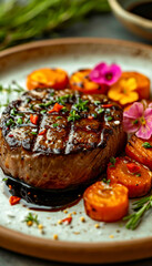 Filet Mignon with Pepper and Edible Flowers