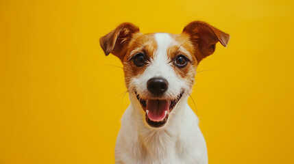 Portrait of a cute smiling happy small dog Jack Russell terrier on a yellow background isolated. Dog close up on color background. Concept pets love, animal life, humor.