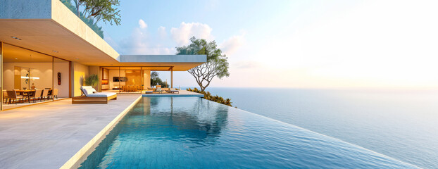 Modern Cliffside Villa with Infinite Pool at Sunset. - obrazy, fototapety, plakaty