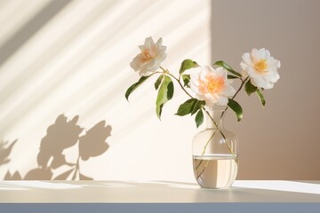  a vase filled with water and flowers on top of a table next to a shadow of a sunlit wall.