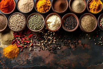 A set of spice sets from all over the world on dark background. Concept for advertising shops, restaurants and travel. Dry ingredients for cooking. Template with place for text, copy space