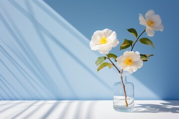  three white flowers in a glass vase with a shadow on the wall in front of a blue and white background.