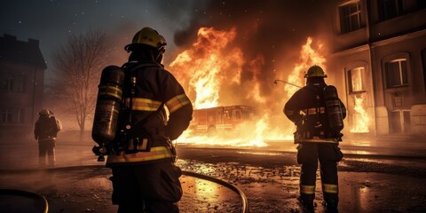 Strong and brave firefighters extinguish a fire. Generative AI. Dramatic silhouette of firefighter in full gear exploring the huge fire zone. Lifeguards with fire hoses in smoke and fire. Fire