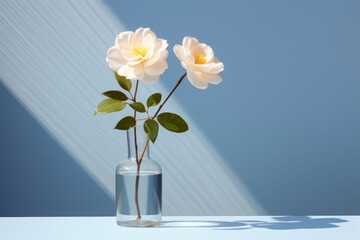  two white flowers in a glass vase on a white table with a blue wall in the background and a long shadow of the vase on the wall.
