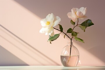  a vase with two white flowers in it on a table next to a pink wall with a shadow cast on the wall.