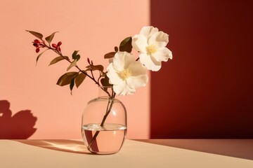  a vase filled with white flowers sitting on a table next to a shadow of a person's shadow on the wall.