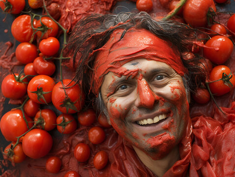 portrait of a smiling man at the La Tomatina Festival.