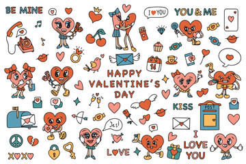 Trendy groovy valentines day sticker set. Retro valentines day. 70s 60s aesthetics. Vintage comic vector. Vector illustration