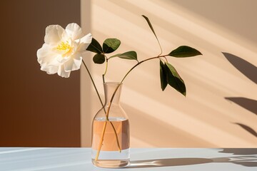  a white flower in a glass vase on a table with a shadow of a building on the wall behind it.