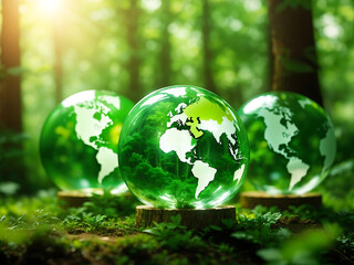 Globe Glass with CO2 icons In Green Forest With Sunlight.Reduction of carbon emissions, carbon neutral concept. Net zero greenhouse gas emissions target.Developing sustainable CO2 concept design.