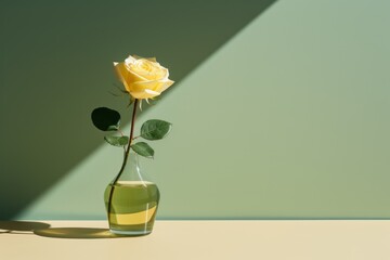  a single yellow rose in a vase with a shadow of a green wall behind it and a shadow of a green wall behind it.