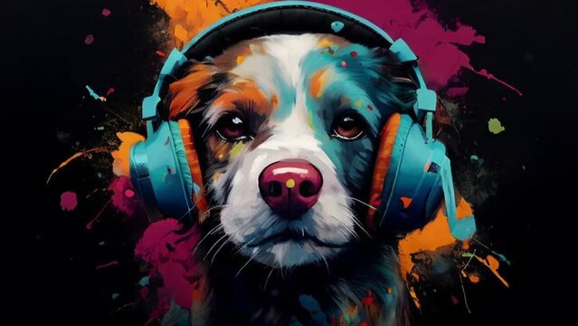 Colorful Dog with headphones Listening to Music on a Black Background